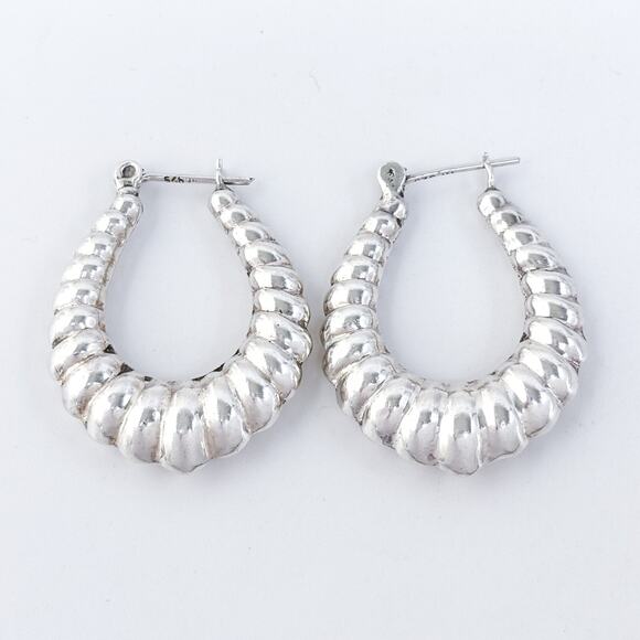Vintage Sterling Silver 925 3.5cm Ribbed Teardrop Hoop Earrings - Picture 2 of 6